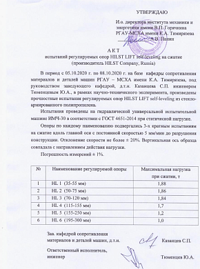 Протокол испытаний регулируемых опор HILST LIFT