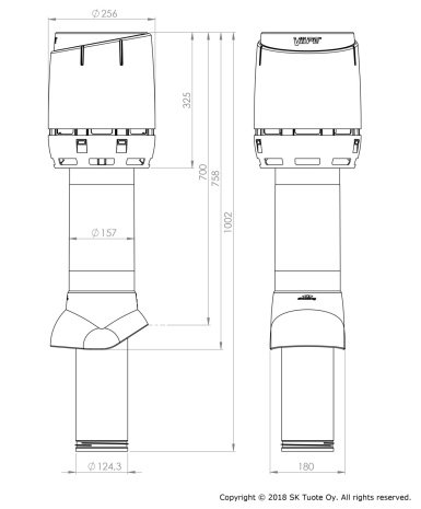 Изолированный вентиляционный выход Vilpe с колпаком FLOW 125P/IS/700 серый RR23/RAL7015 рис 2