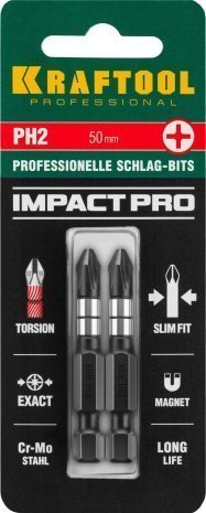 Биты KRAFTOOL Impact Pro, Philips, тип хвостовика E 1/4", PH2, 50мм, 2шт, на карточке арт.26191-2-50-S2 рис 4