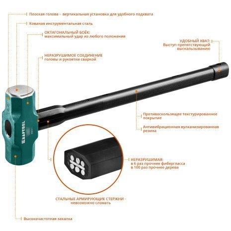 Кувалда со стальной удлинённой обрезиненной рукояткой KRAFTOOL STEEL FORCE 5 кг арт.2009-5 рис 3